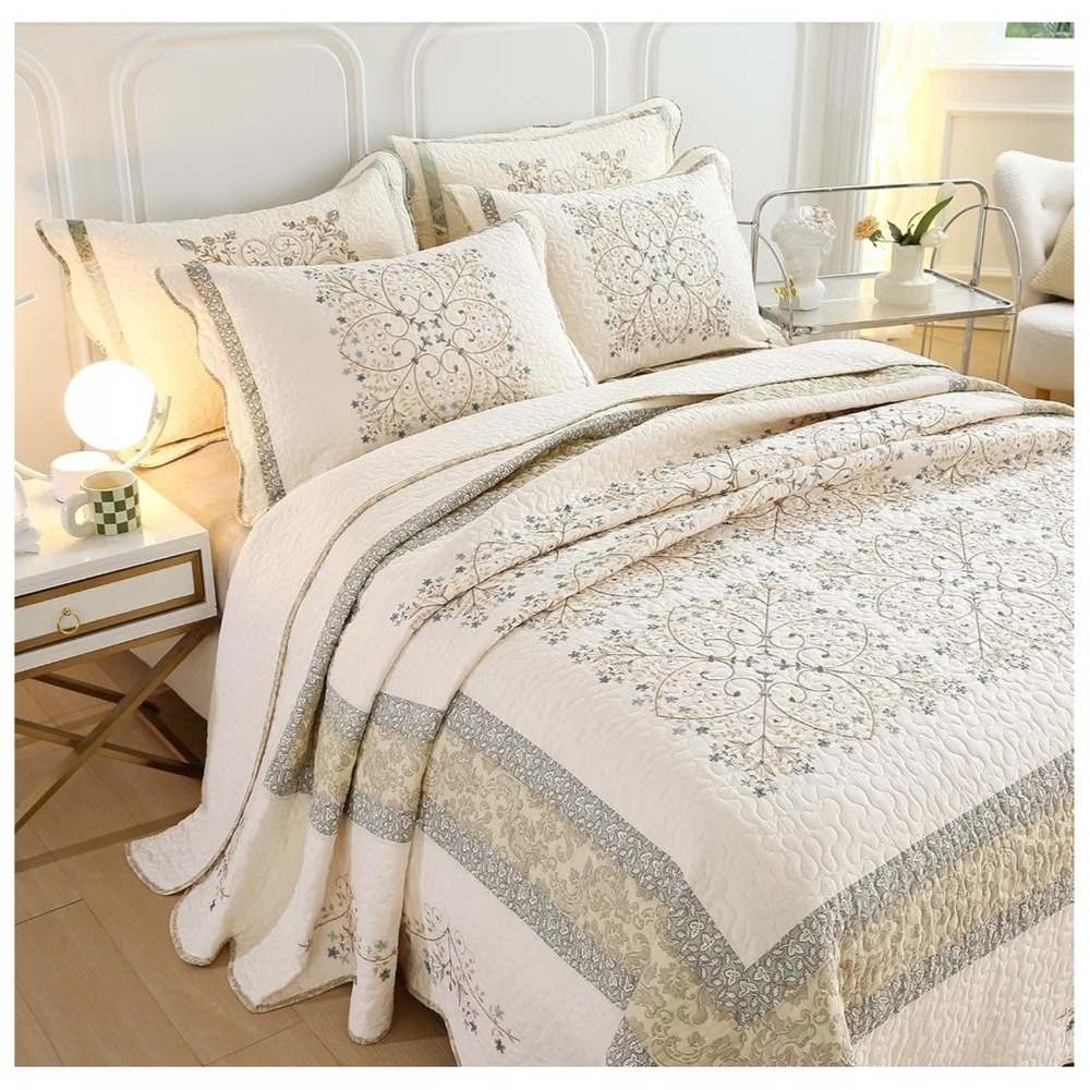 Home Classics Full Quilted Bed Cover Cream Blue Floral Embroidered 96x110 Cotton
